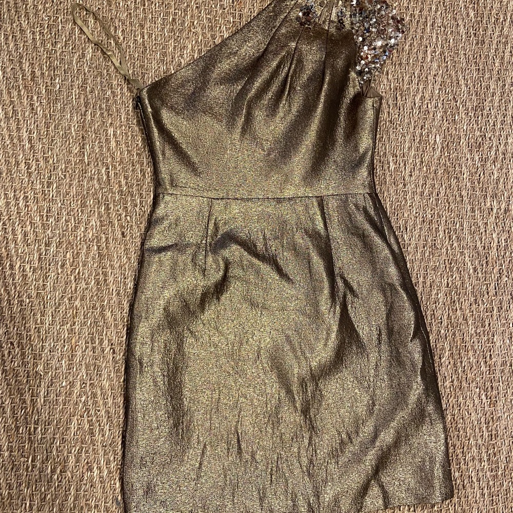 Gold Elie Tahari One Shoulder Jeweled Mini Dress